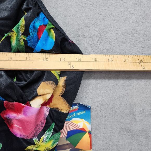 NWT Sun Streak Newport News One Piece Swimsuit 16 Black Floral Wrap Top High - Picture 9 of 10